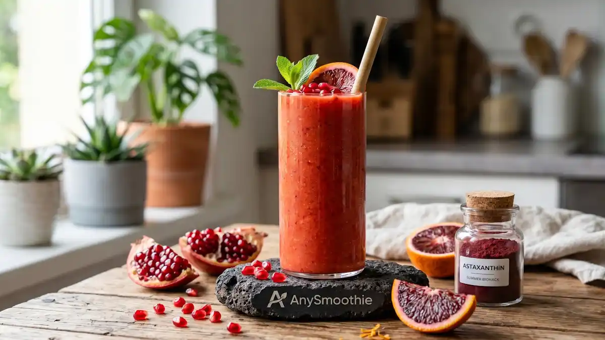 High-angle shot of a vibrant red-orange AnySmoothie beverage featuring astaxanthin and blood orange on a volcanic rock coaster.