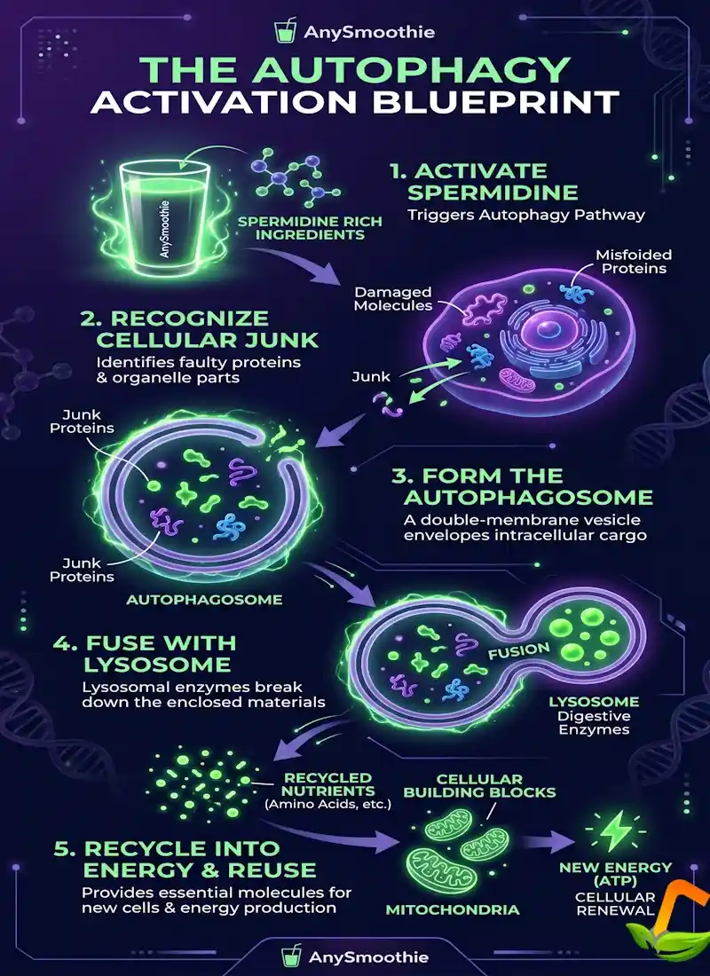 Infographic titled 'The Autophagy Activation Blueprint' by AnySmoothie, showing a 5-step cellular recycling process triggered by Spermidine Rich Smoothies, featuring autophagosome formation and mitochondrial renewal.