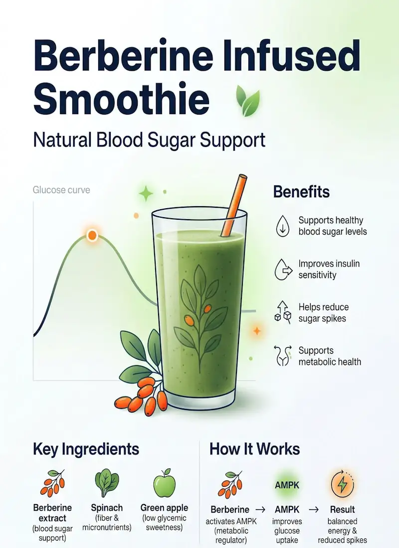Infographic for AnySmoothie showing a Berberine Infused Smoothie recipe with green apple, spinach, and cinnamon to support healthy blood sugar levels and insulin sensitivity.