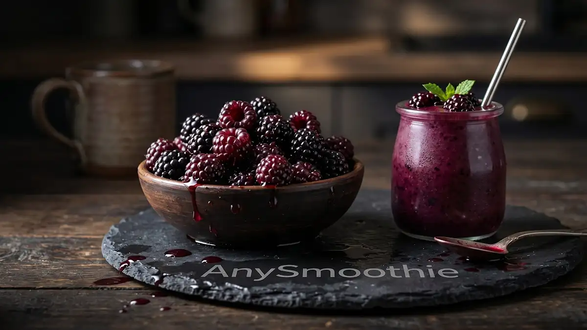 Macro shot of glistening dark berries with C3G for blood sugar control, featuring blackberries and AnySmoothie purple smoothie on a slate coaster.
