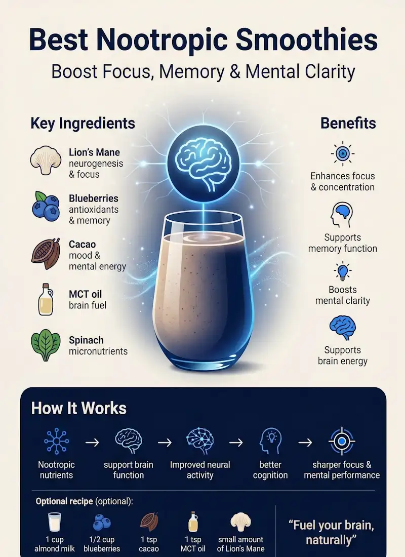 Infographic by AnySmoothie titled "Best Nootropic Smoothies" featuring ingredients like Lion's Mane, cacao, and MCT oil to enhance focus, memory, and brain energy.