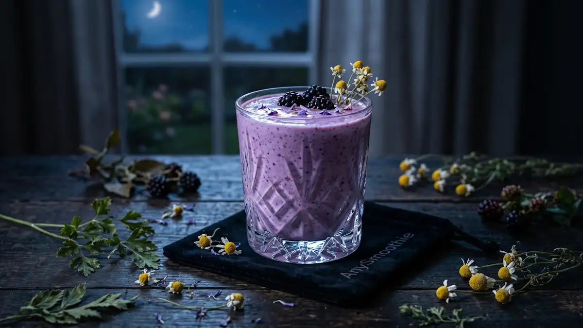 Violet-tinted blackberry and chamomile drink, an example of apigenin smoothies for longevity, served in a crystal glass on an AnySmoothie velvet coaster.