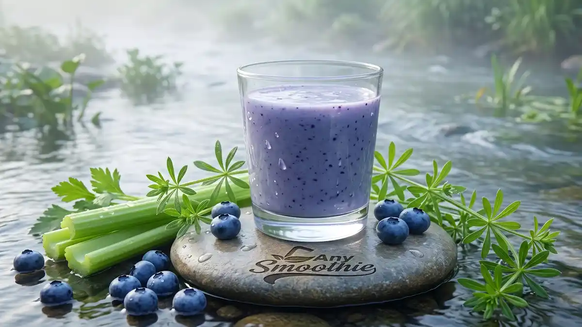 A purple berry and celery smoothie on a river-stone coaster with AnySmoothie logo, styled for lymphatic drainage benefits in a misty aquatic setting.