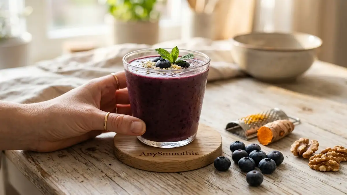 A deep purple blueberry and ginger smoothie on a laser-etched AnySmoothie oak coaster, surrounded by fresh turmeric, walnuts, and blueberries in a bright, morning wellness setting.