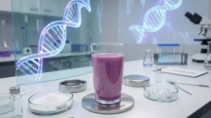 Professional high-tech laboratory scene featuring a purple smoothie in a glass with 'AnySmoothie' engraved, surrounded by labeled petri dishes of white Glycine powder and crystalline NAC. A hologram of a DNA double helix is in the background with a microscope.