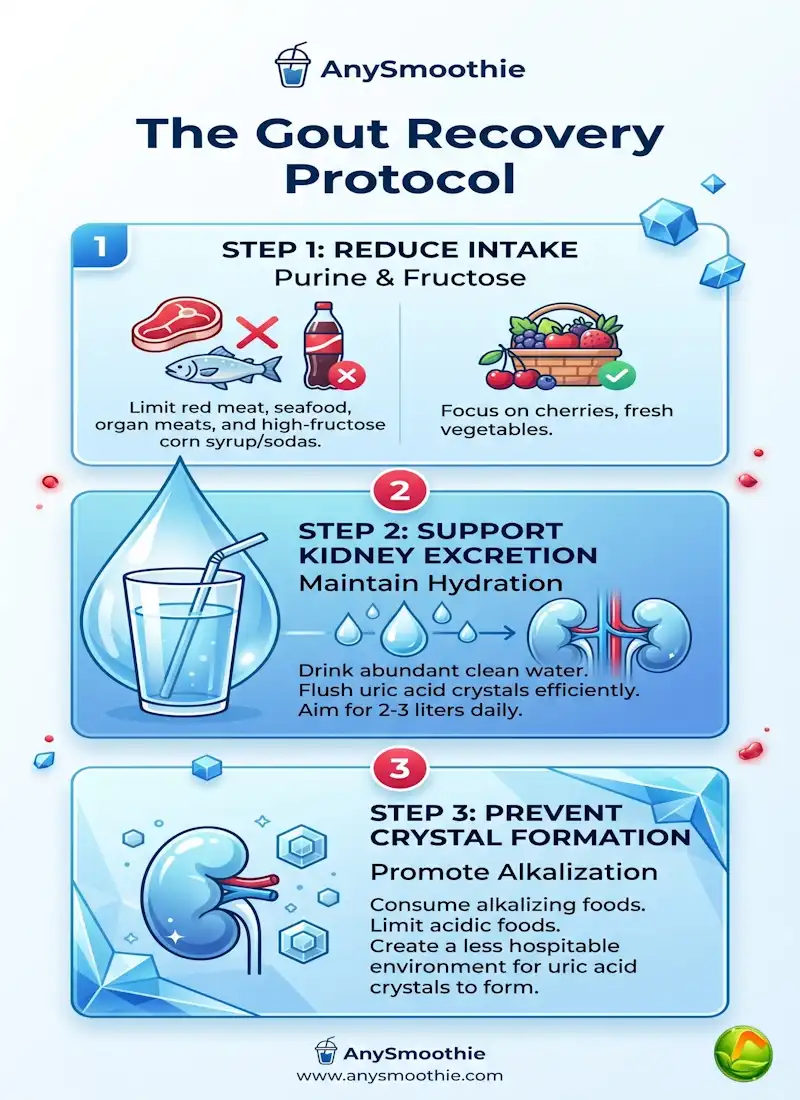 AnySmoothie Infographic: The Gout Recovery Protocol showing a 3-step process to reduce purines, support kidney hydration, and prevent uric acid crystal formation.