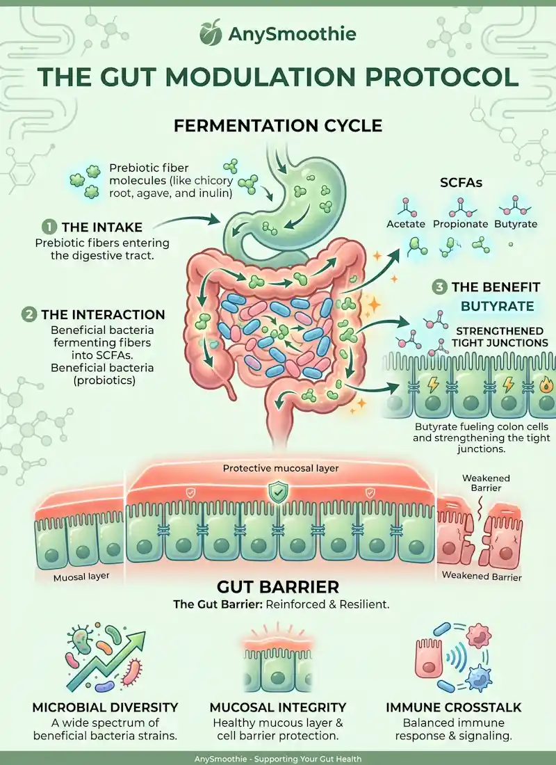 Professional infographic for AnySmoothie titled "The Gut Modulation Protocol". It illustrates the fermentation cycle of a gut microbiome modulation smoothie, showing how prebiotic fibers are fermented by beneficial bacteria into Short-Chain Fatty Acids (SCFAs) like butyrate to support mucosal integrity and reinforce the gut barrier.