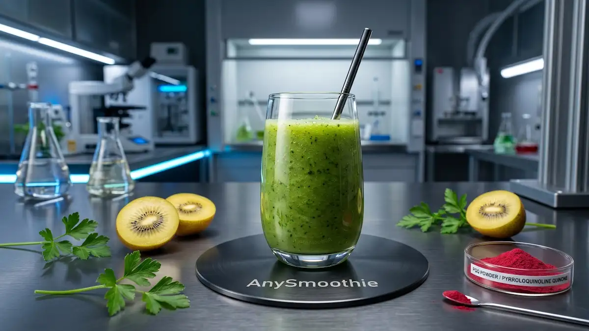 Futuristic green kiwi and parsley smoothie on an AnySmoothie laser-etched aluminum coaster, featuring a petri dish with red PQQ powder in a high-end laboratory setting.