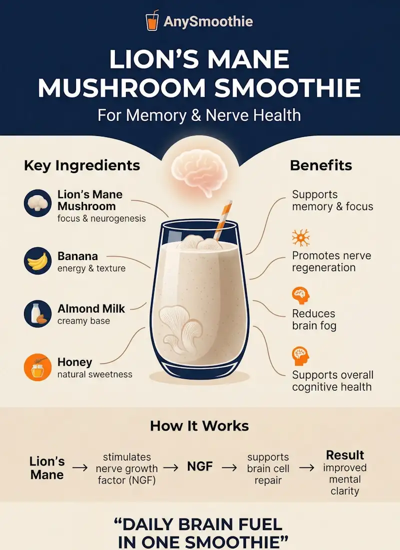 Infographic for AnySmoothie's Lion’s Mane Mushroom Smoothie detailing ingredients like banana and almond milk and benefits for memory, focus, and nerve regeneration.