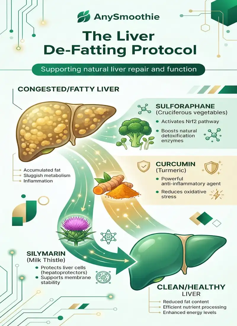 Infographic by AnySmoothie titled The Liver De-Fatting Protocol showing the transition from a congested fatty liver to a healthy liver using Sulforaphane, Curcumin, and Silymarin nutrients in an emerald green medical-tech style.