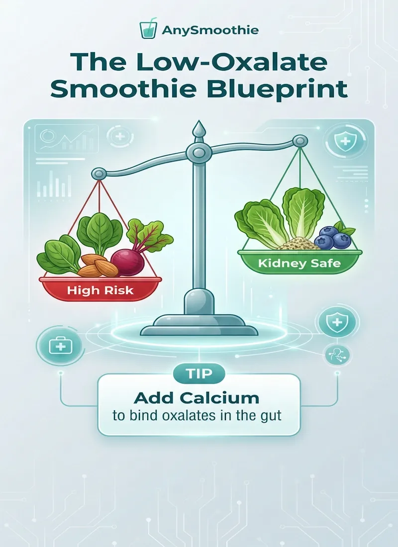 Infographic titled 'The Low-Oxalate Smoothie Blueprint' by AnySmoothie showing a balance scale comparing high-oxalate foods like spinach and almonds with kidney-safe alternatives like romaine and blueberries in a clean medical-tech style.