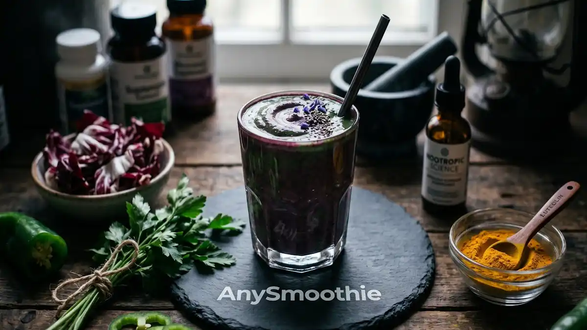 A deep violet and green AnySmoothie beverage on a laser-etched slate coaster, surrounded by fresh parsley, bell peppers, and a bowl of luteolin powder.