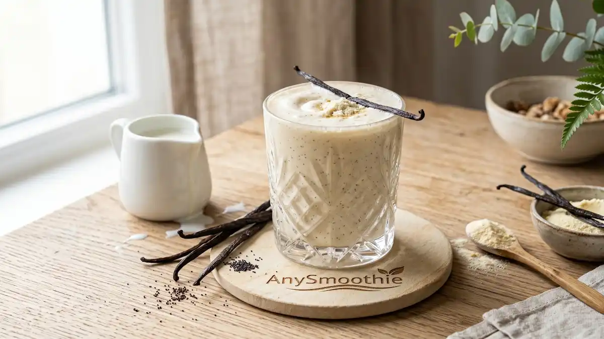 "A creamy vanilla bean smoothie in a crystal glass on an AnySmoothie branded sandstone coaster, surrounded by vanilla pods and golden-white colostrum powder dusting."