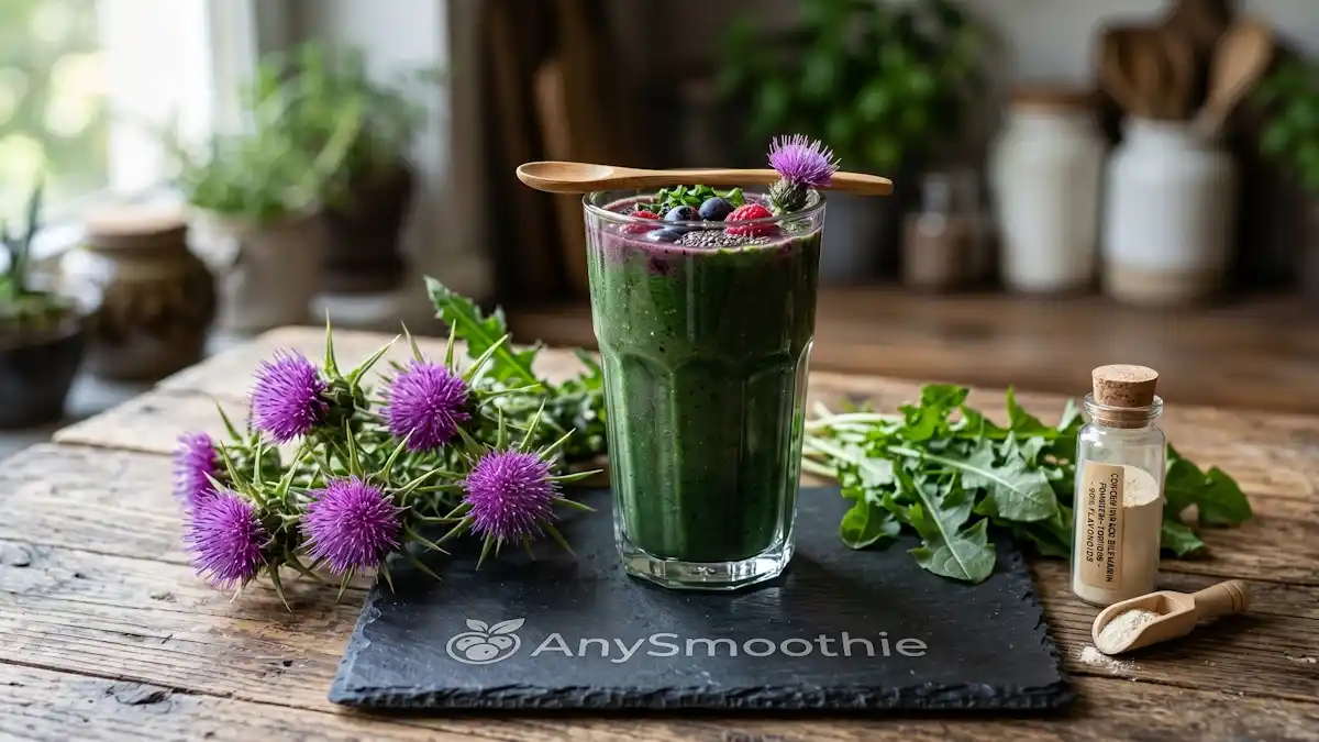 Deep green liver-support smoothie with purple milk thistle flowers and silymarin powder on a dark slate coaster for NASH/NAFLD diet.