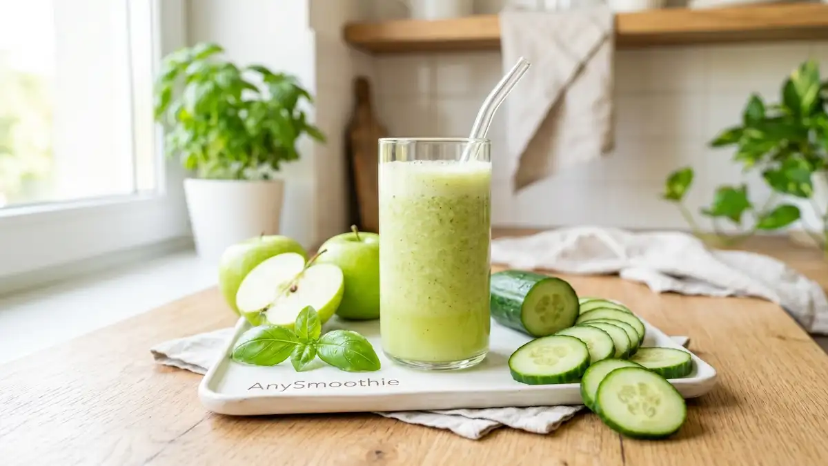 A refreshing pale green apple and cucumber smoothie by AnySmoothie on a white ceramic tray, surrounded by fresh cucumber slices and basil, ideal for histamine intolerance diets.