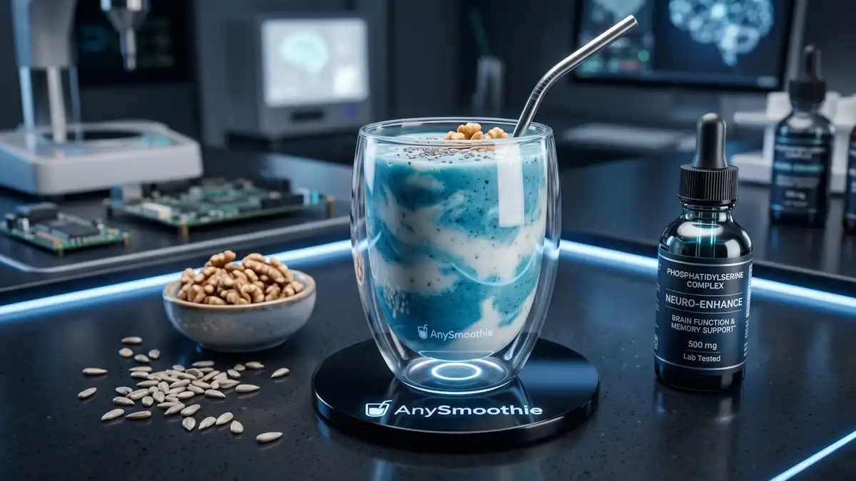 Futuristic blue and white AnySmoothie on an obsidian coaster next to a Phosphatidylserine Complex dropper bottle, walnuts, and sunflower seeds in a high-tech lab setting.