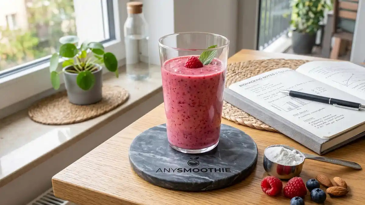 Sleek glass of pink berry smoothie on a laser-etched AnySmoothie marble coaster with a silver scoop of creatine powder and biohacking notebook.