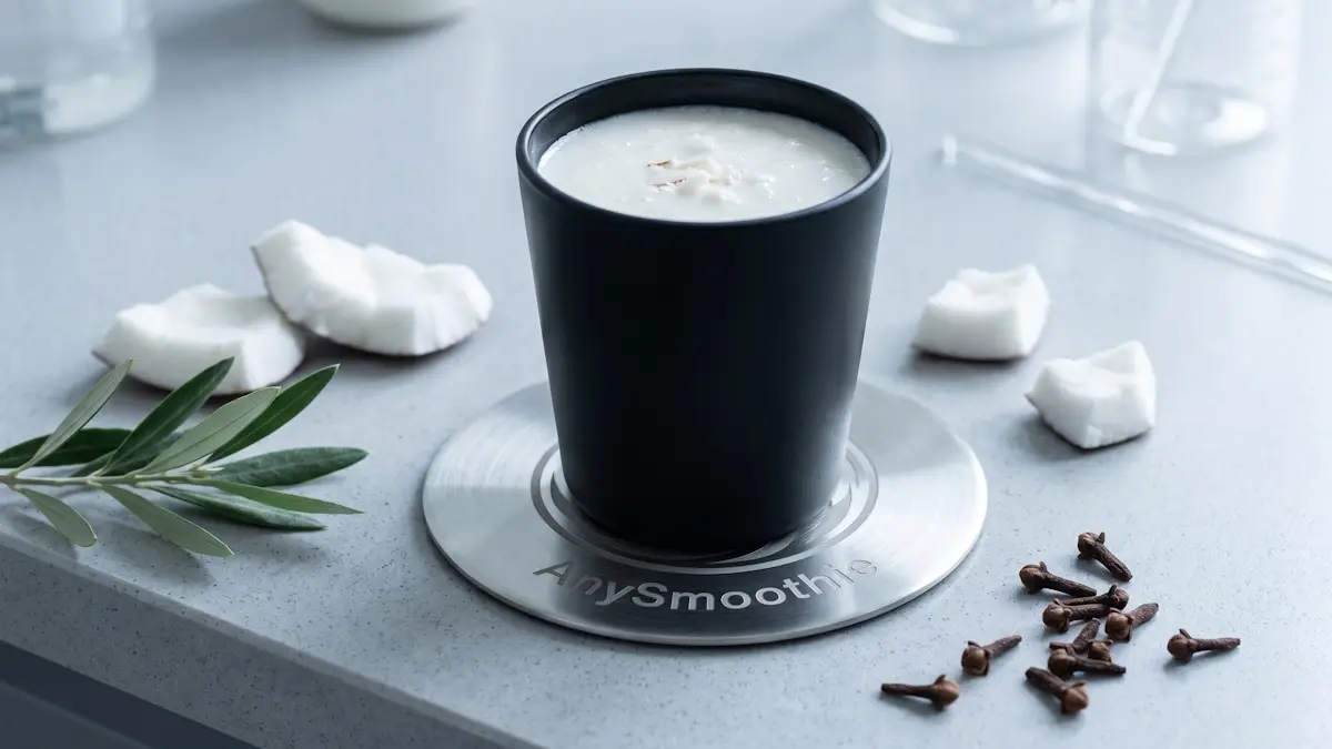 A minimalist matte-black glass containing a thick coconut smoothie, centered on a laser-etched "AnySmoothie" steel coaster. The clinical setting includes fresh coconut chunks, olive leaves, and whole cloves, illustrating high-performance smoothie protocols for optimizing natural pathways.