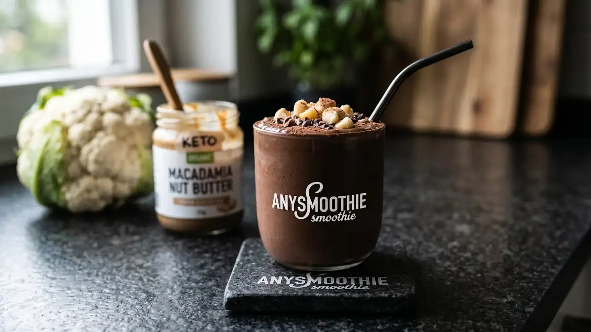 Rich chocolate keto smoothie topped with macadamia nuts on a laser-etched AnySmoothie granite coaster, creamy low-carb shake without avocado.
