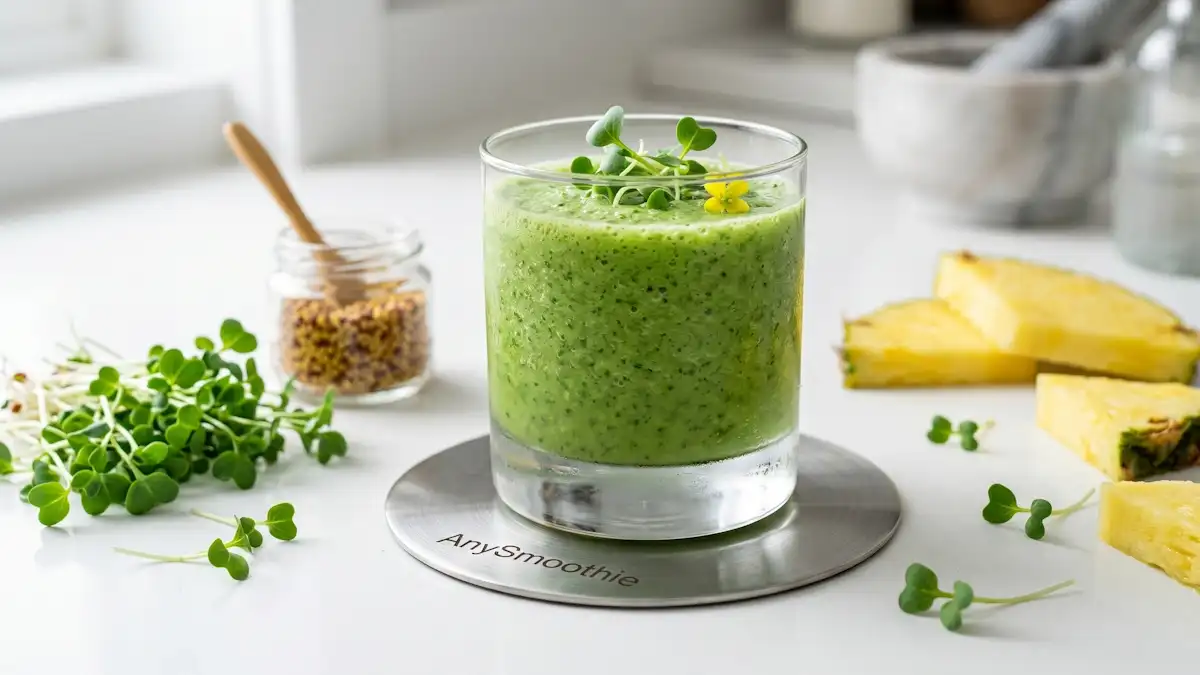 Cinematic macro shot of a green sulforaphane smoothie made with broccoli sprouts and pineapple, resting on a branded AnySmoothie metal coaster with mustard seeds in the background.