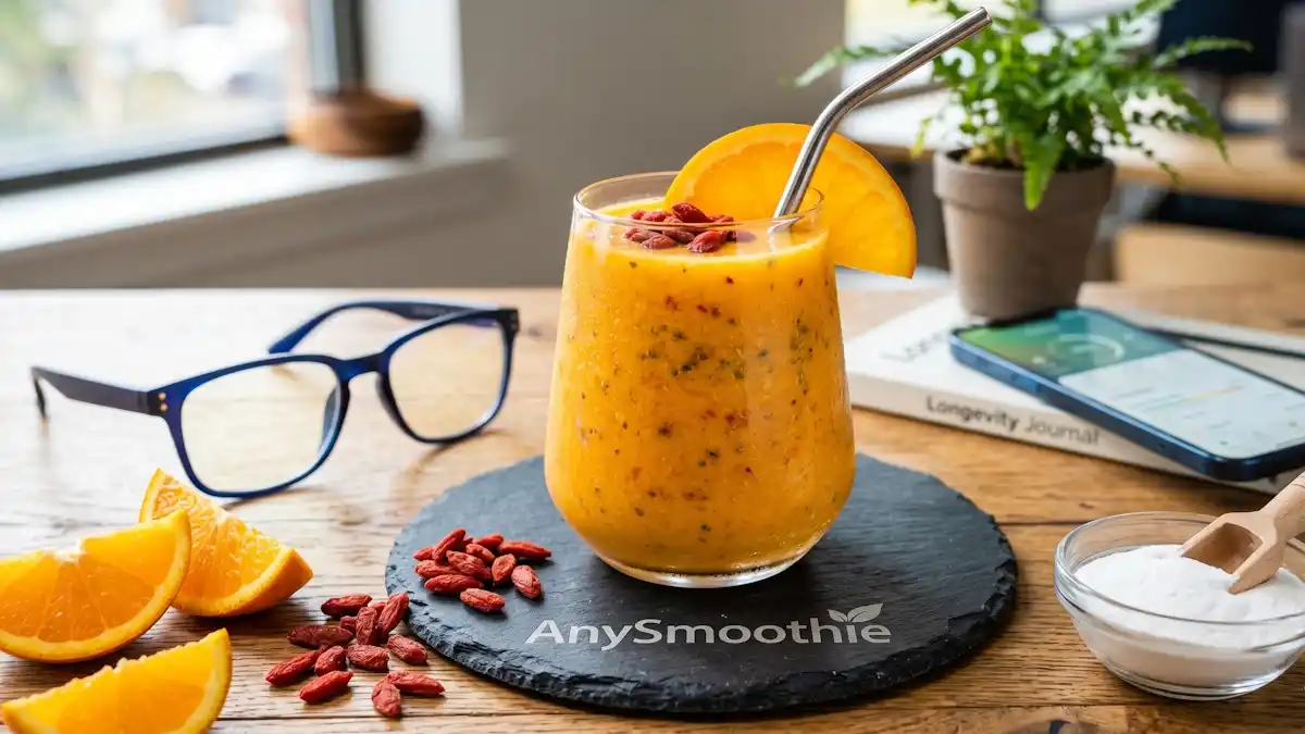 High-energy orange longevity smoothie on an AnySmoothie slate coaster, surrounded by goji berries, orange slices, and a bowl of taurine powder.