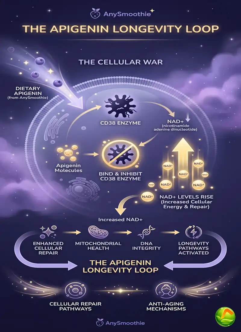 Professional infographic titled The Apigenin Longevity Loop by AnySmoothie, explaining how Apigenin Smoothies inhibit the CD38 enzyme to boost NAD+ levels for cellular repair.