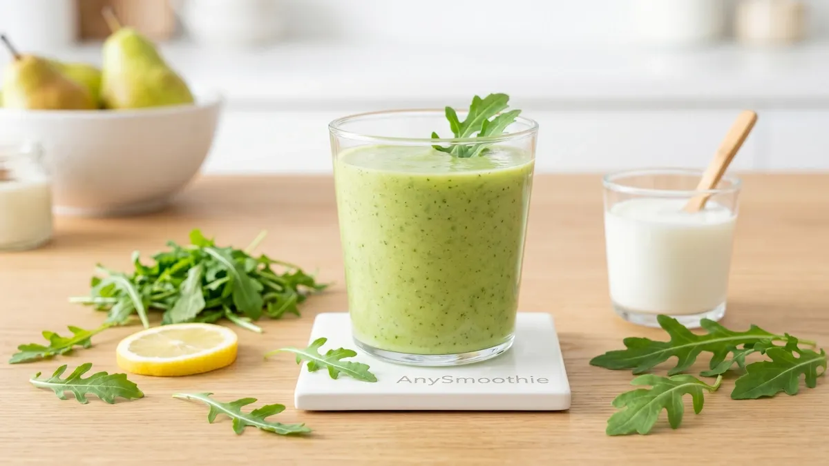 A fresh arugula and pear green smoothie on an AnySmoothie ceramic coaster, designed as one of the best smoothies for oxalate sensitivity and renal health.