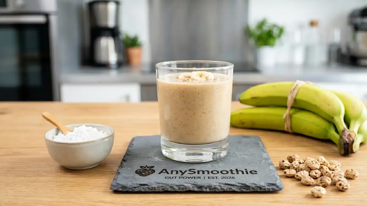 Thick beige smoothie on an AnySmoothie slate coaster (Est. 2026) surrounded by green bananas, potato starch, and tiger nuts in a bright, scientific kitchen setting.