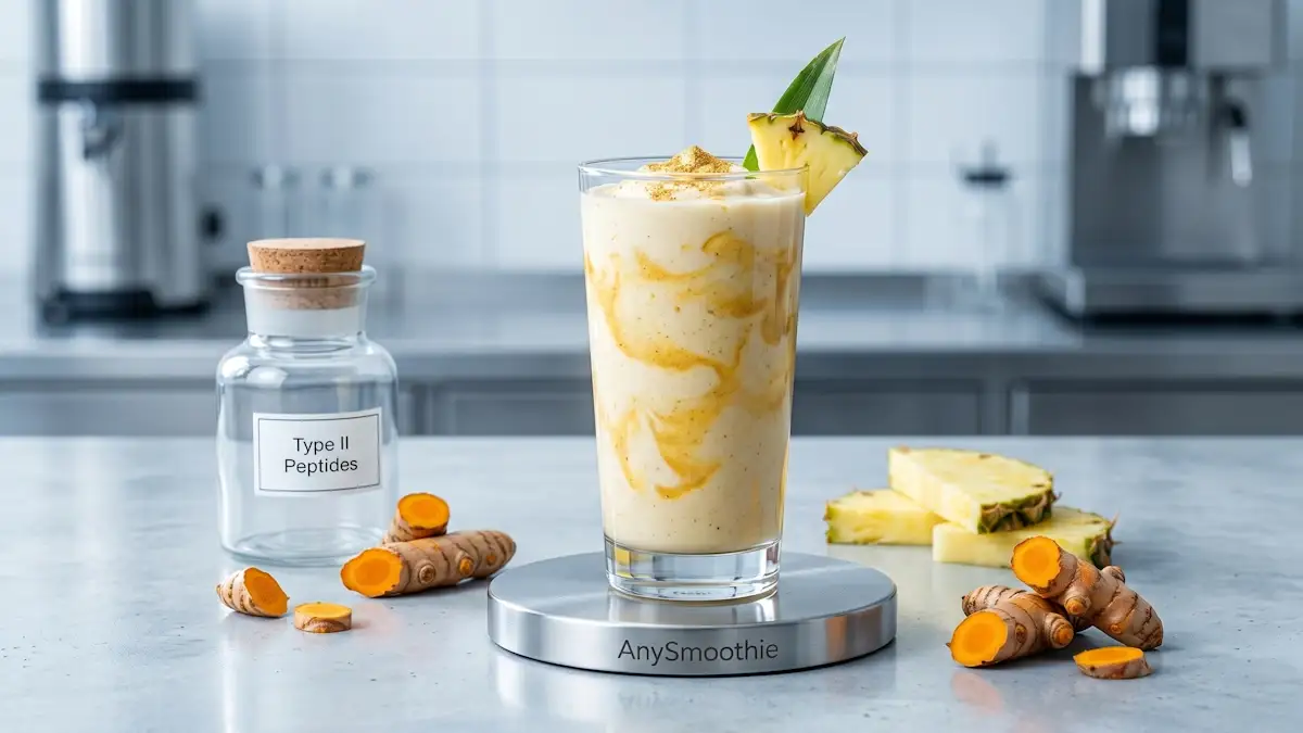 Professional high-resolution shot of an AnySmoothie golden turmeric and pineapple smoothie on a laser-etched steel coaster, featuring a scientific jar of Type II peptides for joint and structural health.