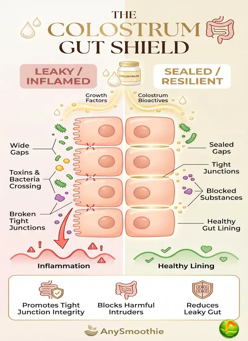 "Infographic titled 'The Colostrum Gut Shield' showing a comparison between a leaky inflamed intestinal wall and a resilient sealed gut lining strengthened by colostrum growth factors.