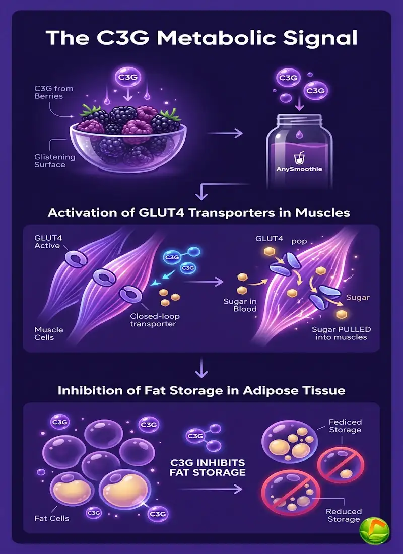 Minimalist infographic for AnySmoothie explaining the C3G metabolic signal: showing ingestion of dark berries, activation of muscle GLUT4 transporters to pull in sugar, and inhibition of fat storage.