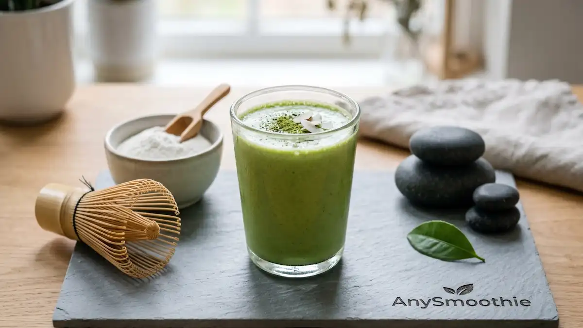 Vibrant green matcha and coconut milk smoothie on a grey slate coaster with AnySmoothie logo, featuring a bamboo whisk and L-Theanine powder.
