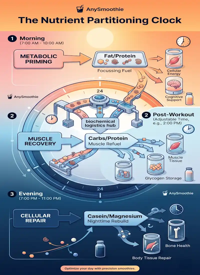 "Vertical infographic titled 'The Nutrient Partitioning Clock' by AnySmoothie, showing a 24-hour cycle from sunset orange to midnight blue, illustrating smoothie timing for optimal nutrient partitioning in morning, post-workout, and evening phases."