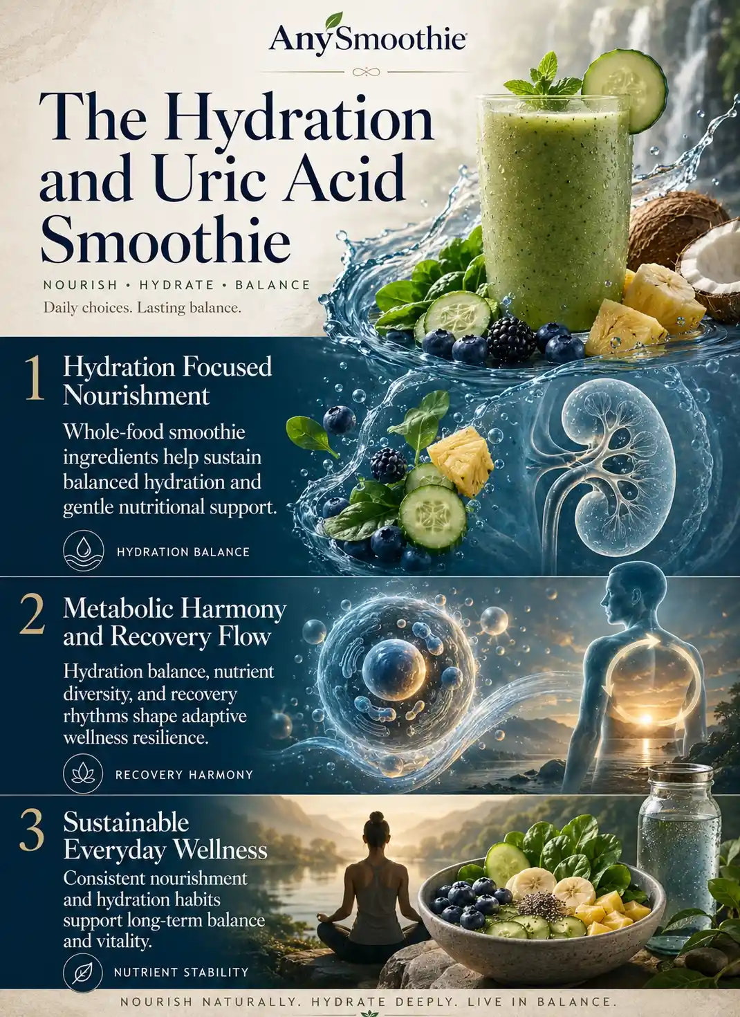 Premium wellness-science infographic for smoothies for high uric acid gout management featuring hydration-focused smoothie ingredients, metabolic recovery balance, hydration harmony, intracellular wellness visuals, and sustainable nutrition patterns in a cinematic editorial design.
