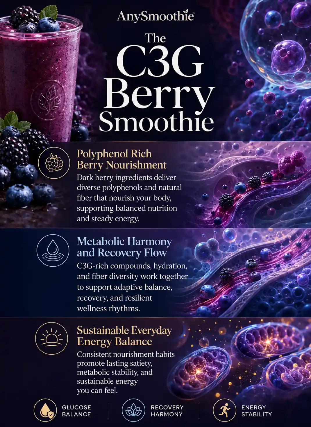Premium wellness-science infographic showing a dark berry smoothie with blackberry and blueberry ingredients, intracellular-inspired biological visuals, metabolic harmony themes, glucose balance icons, and adaptive wellness storytelling associated with berries with C3G for blood sugar control.