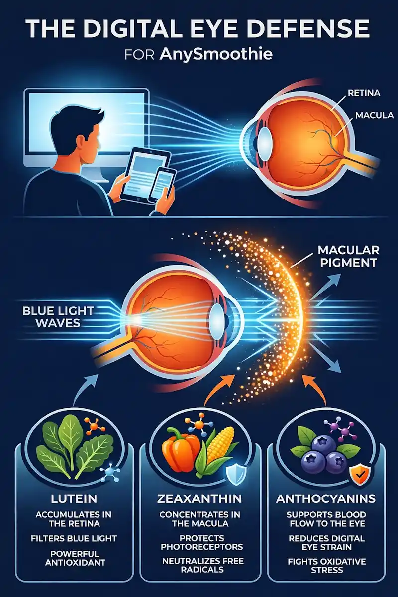 Infographic for AnySmoothie titled "The Digital Eye Defense" showing how Lutein, Zeaxanthin, and Anthocyanins protect the retina and macula from blue light waves.
