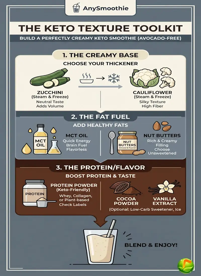 Infographic by AnySmoothie titled "The Keto Texture Toolkit" showing a 3-step system to build keto smoothies without avocado using zucchini, cauliflower, MCT oil, nut butters, and protein powder.