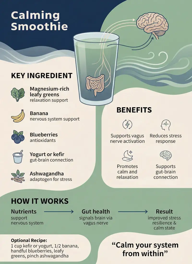Infographic by AnySmoothie showing a calming smoothie recipe for vagus nerve support and stress relief, featuring magnesium-rich greens, blueberries, and ashwagandha.