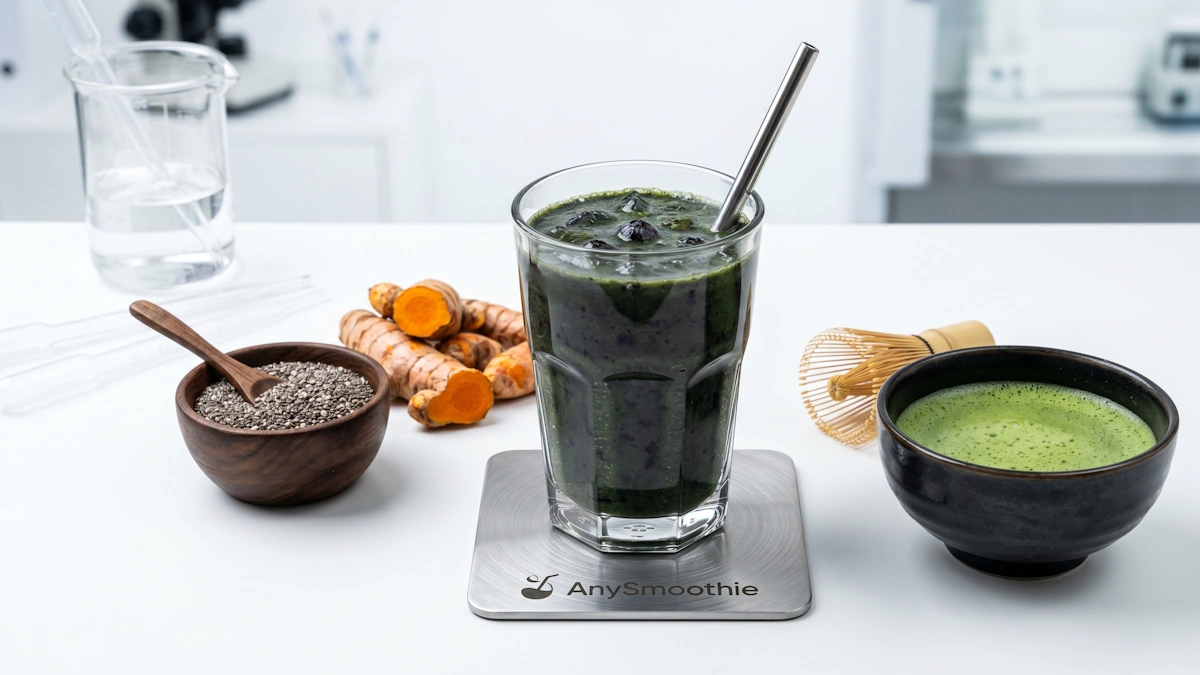 A clinical high-contrast shot of a dark green tea and blueberry smoothie on an AnySmoothie zinc coaster, surrounded by turmeric roots, frothy matcha, and chia seeds for iron inhibition.
