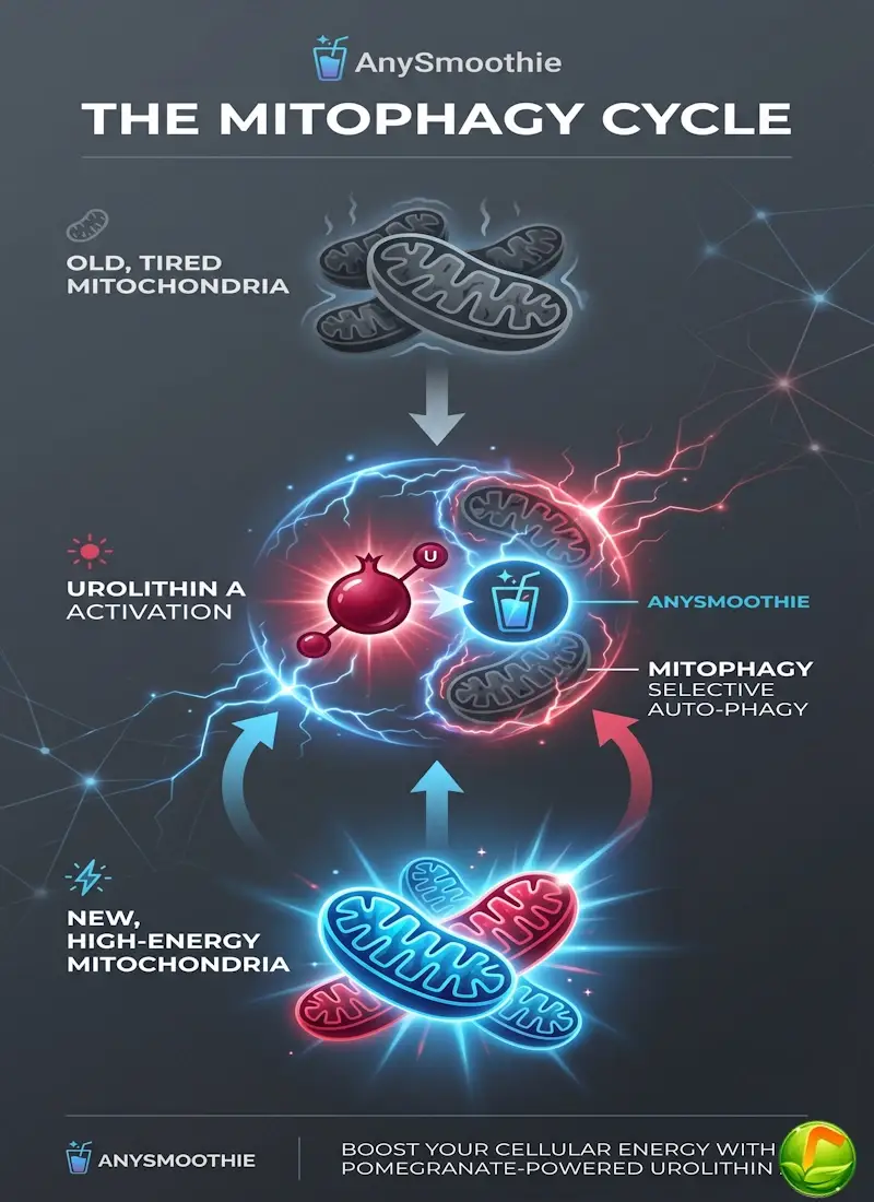 Vertical infographic titled The Mitophagy Cycle by AnySmoothie, showing the transformation of old mitochondria into new high-energy mitochondria through Urolithin A Smoothies activation.
