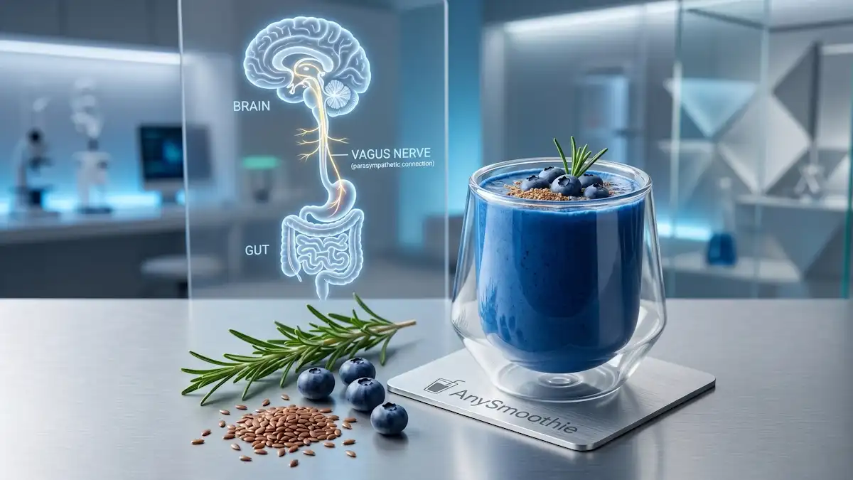 Minimalist high-tech shot of a blue antioxidant smoothie by AnySmoothie, featuring an anatomical overlay of the vagus nerve to illustrate smoothies for vagus nerve optimization and gut-brain signaling.