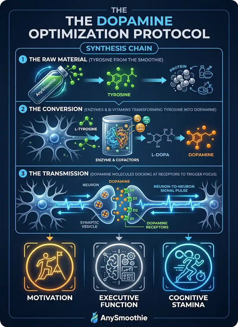 Professional vertical infographic for AnySmoothie titled 'The Dopamine Optimization Protocol.' It demonstrates the biochemical synthesis chain of the best dopamine boosting smoothies, illustrating the conversion of Tyrosine into Dopamine via B-vitamins and enzymes, and the resulting neuron-to-neuron signal pulse. Electric blue, clinical silver, and neon amber style.