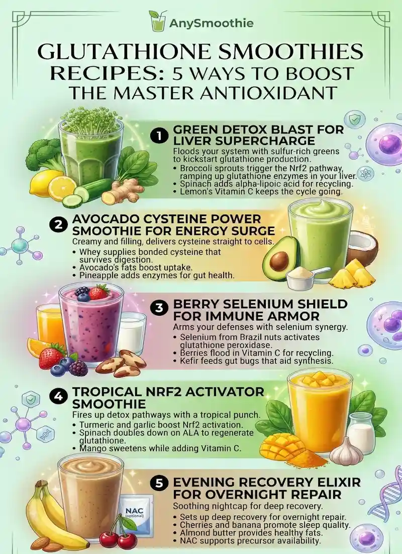 Infographic by AnySmoothie titled 'Glutathione Smoothies Recipes: 5 Ways to Boost the Master Antioxidant'. It features 5 recipes: Green Detox Blast, Avocado Cysteine Power, Berry Selenium Shield, Tropical Nrf2 Activator, and Evening Recovery Elixir, with detailed scientific benefits for liver health and oxidative stress.