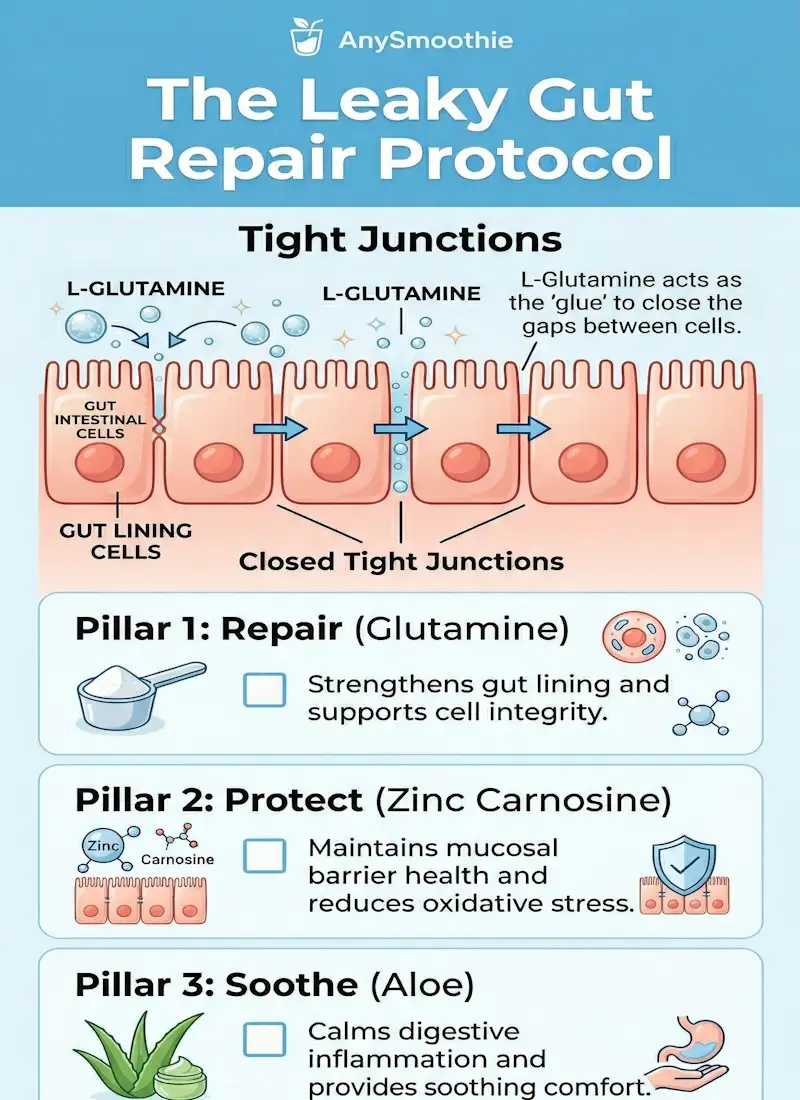 Professional medical infographic titled Leaky Gut Repair Protocol for AnySmoothie, illustrating how L-Glutamine repairs tight junctions in the gut lining with a 3-pillar checklist: Repair, Protect, and Soothe.