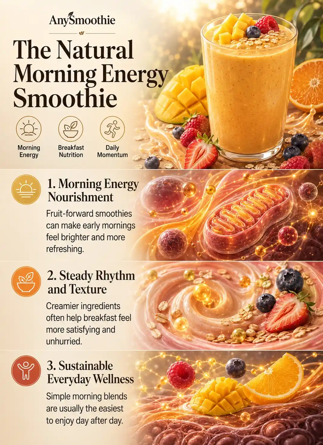 Best morning smoothies for energy without caffeine infographic featuring mango, berries, citrus fruits, breakfast nutrition ingredients, natural morning energy visuals, and wellness-science illustrations supporting balanced daily vitality and sustainable morning routines.