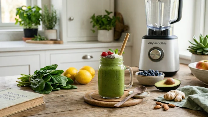 A hormone-balancing green smoothie for PCOS on an oak table, featuring healthy ingredients like avocado, spinach, and blueberries with AnySmoothie branding.