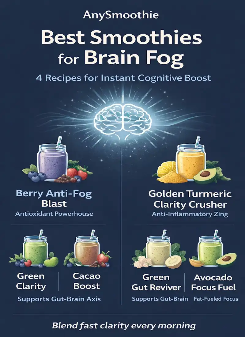 Infographic showing best smoothies for brain fog including berry anti-fog, turmeric, green gut and avocado recipes for mental clarity