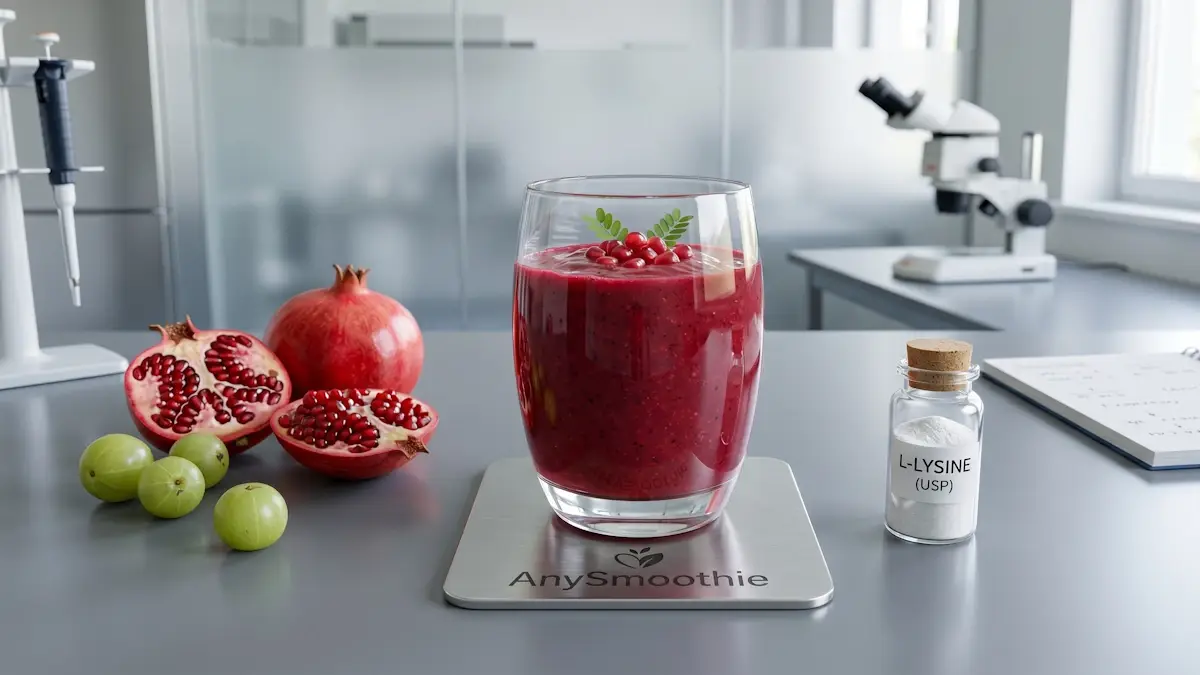 A deep ruby-red heart-healthy smoothie containing pomegranate and amla, served on an AnySmoothie branded metal coaster next to an L-Lysine vial in a clinical lab setting.