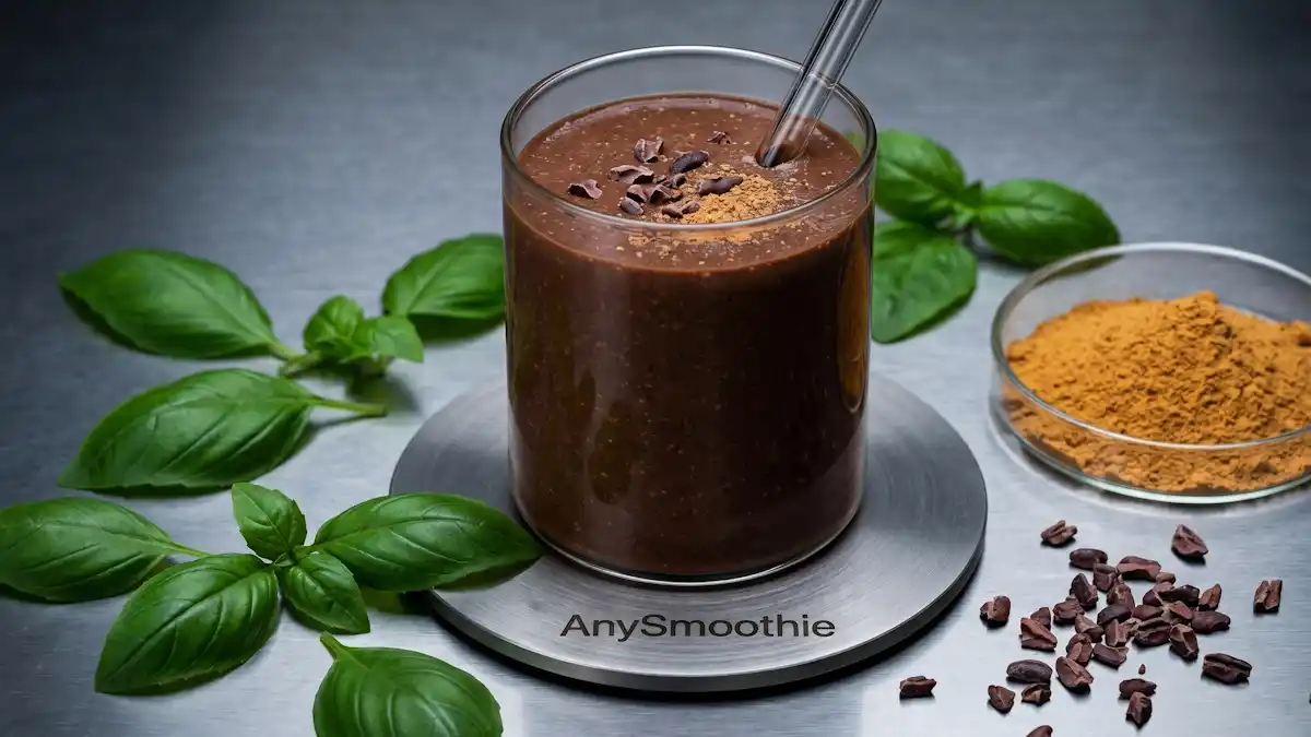 A high-performance technical glass cylinder containing a rich dark-brown adaptogenic cocoa and ashwagandha smoothie, placed on a laser-etched AnySmoothie titanium coaster. The minimalist laboratory-style setup includes fresh holy basil leaves, raw cocoa nibs, and ultra-fine ashwagandha root extract powder in a glass petri dish on a brushed steel surface under clinical lighting.