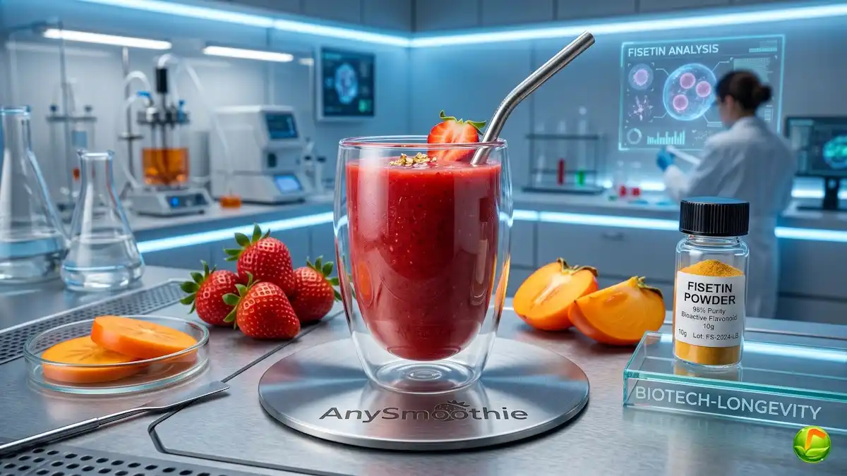 High-tech AnySmoothie with strawberries, persimmons, and a vial of Fisetin powder on a laser-etched metal coaster in a biotech laboratory setting.